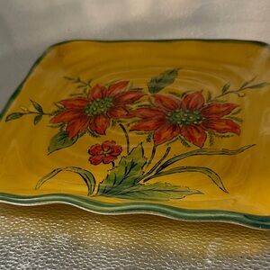 Vintage Gold Poinsetta Patterned Square Ceramic Serving Plate